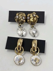 2 Pairs Vintage Gold Tone & Clear Rhinestone Clip-on Earrings Dangle Drop Style