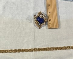 Vintage “Erwin Pearl” Signed Blue Lapis Brooch Pin 30” Erwin Goldtone Necklace