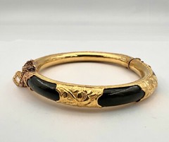 Antique Chinese 24K Yellow Gold Black Gem 8mm 6.5″ Hinged Bracelet Bangle 26.9g