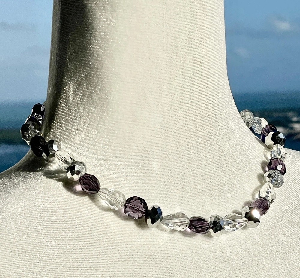 Vintage Austrian Crystal Purple Silver Clear Faceted Sparkling Collar Necklace