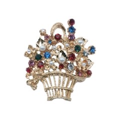 Vintage Gold Tone Flower Basket Brooch Multicolor Rhinestone Faux Pearl Pin