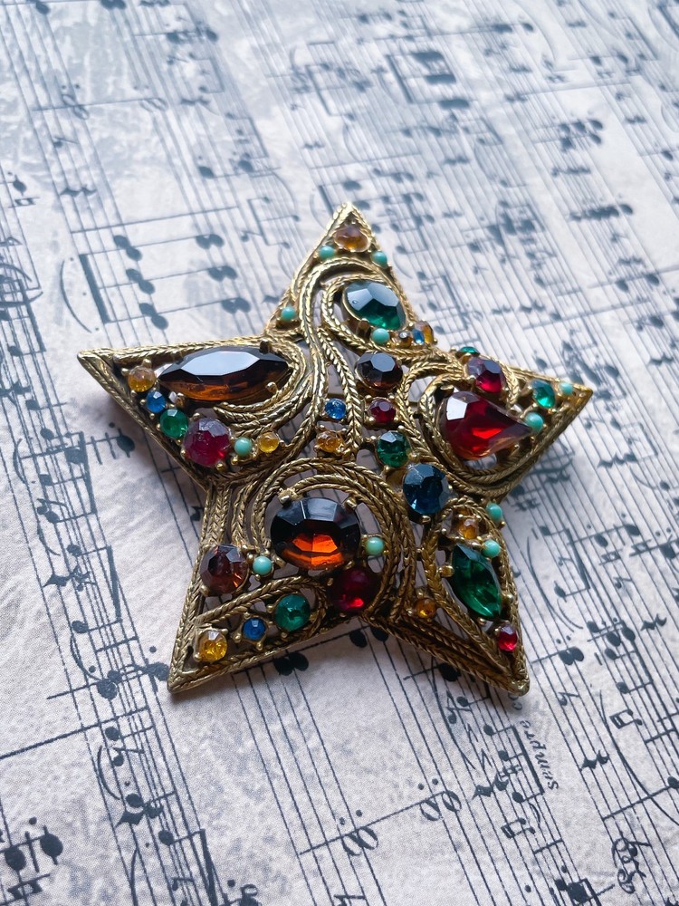 Vintage La Roca Gold Alloy Multicolor Rhinestone Star Brooch