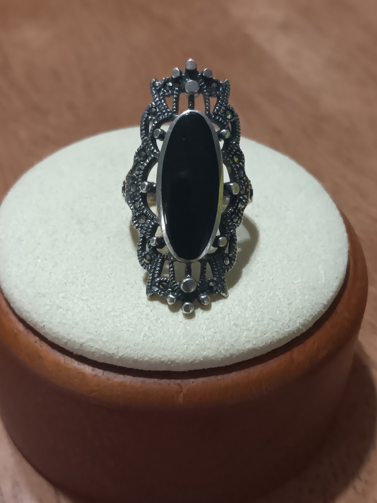 Vtg 925 SETA black Onyx Marcasite Ring Size 5.75