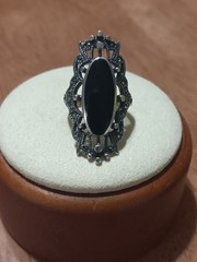 Vtg 925 SETA black Onyx Marcasite Ring Size 5.75
