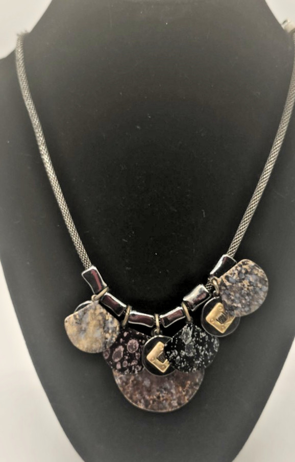 Chico’s Vintage Art Deco Fan Charm Necklace Mesh Chain Black Gold Enamel Signed