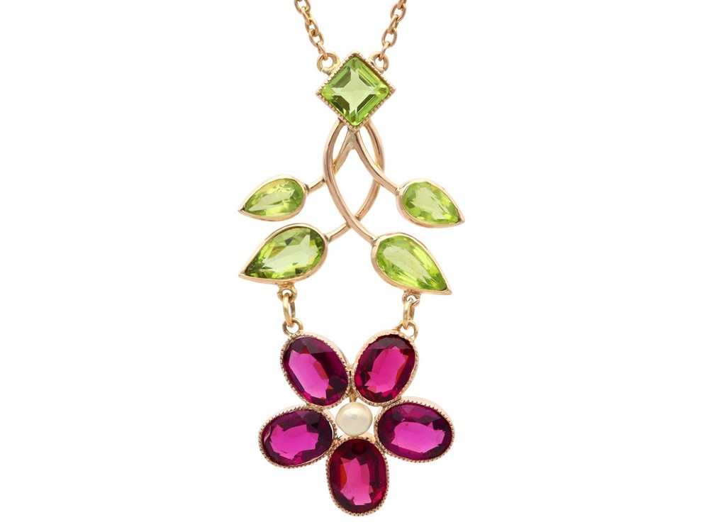 Antique 2.75Ct Garnet 2.35Ct Peridot and Pearl 9k Rose Gold Pendant Circa 1910