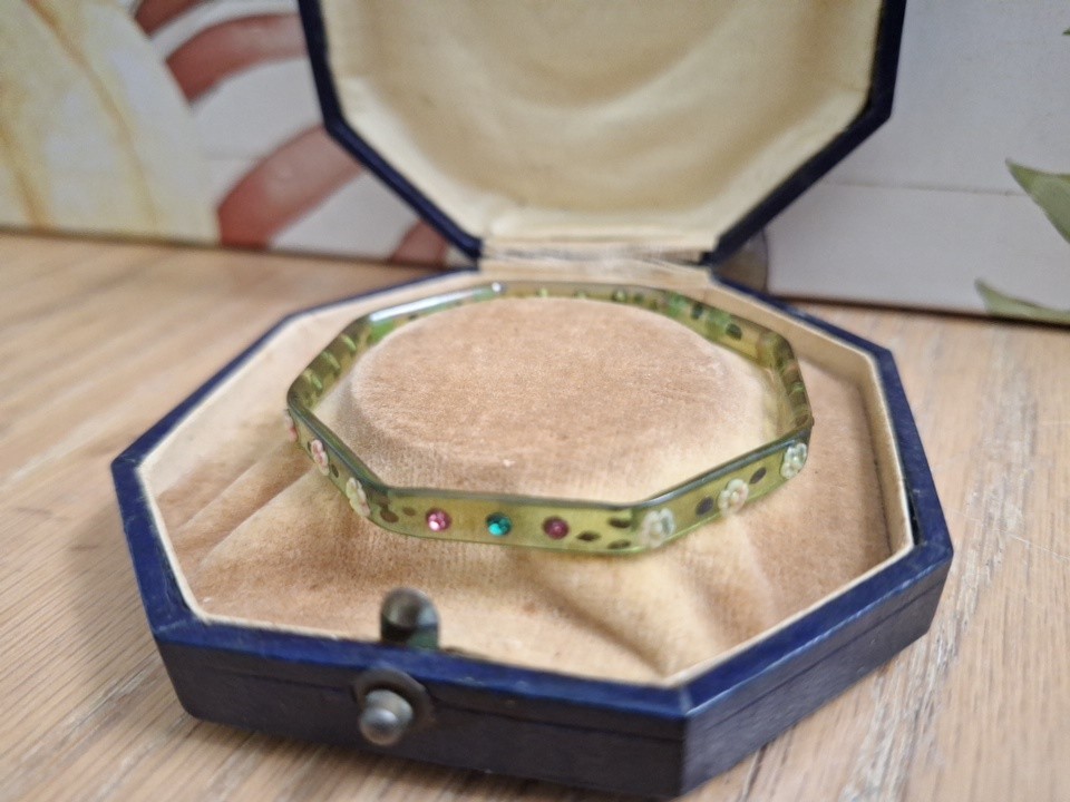 vintage Celluloid Bakelite bangle Octagon Floral Bracelet Very Delicate