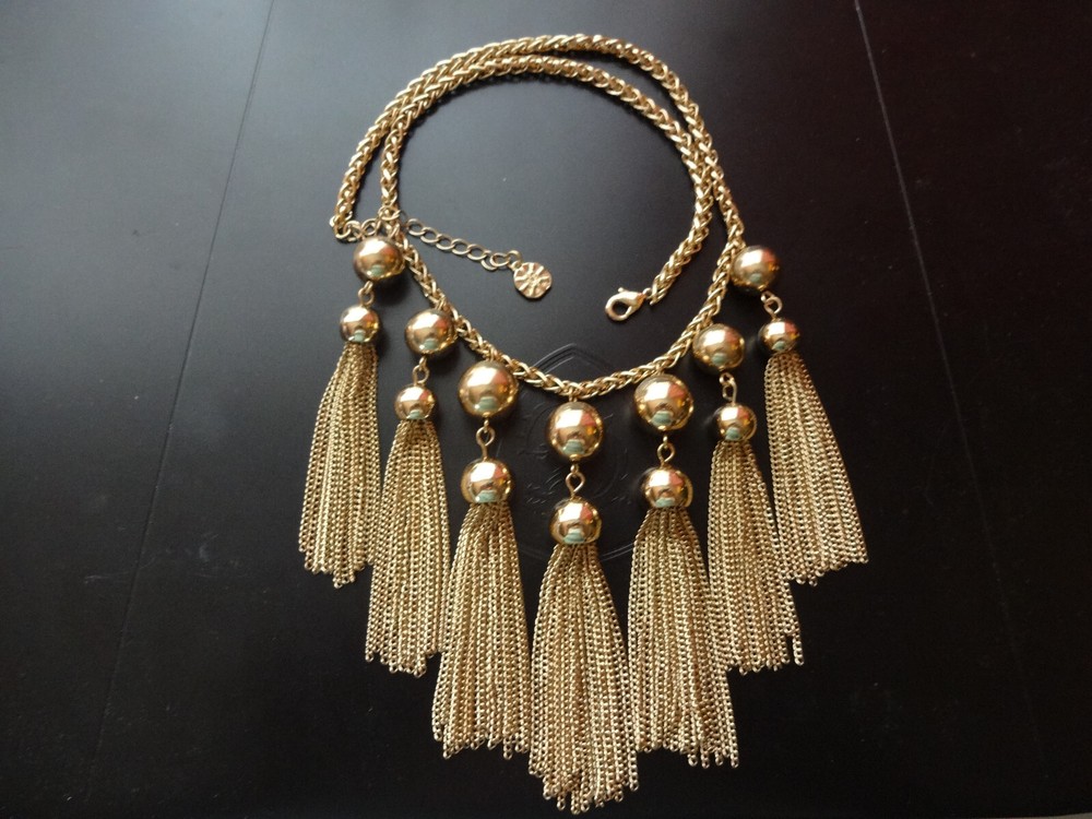 Monet Necklace 7 Fringe Tassel Chocker Gold Tone Egyptian Revival