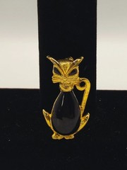 Vintage gold Plate Black Enamel Cloisonne Cat-Kitten Brooch