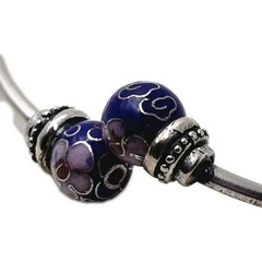 925 Silver Blue Cloisonne Floral Enamel Bead Bangle 1950s-1970s 7.1g