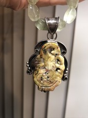 24. Vintage 925 Sterling Faceted Prehnite Beads Carved stone Pendant Necklace