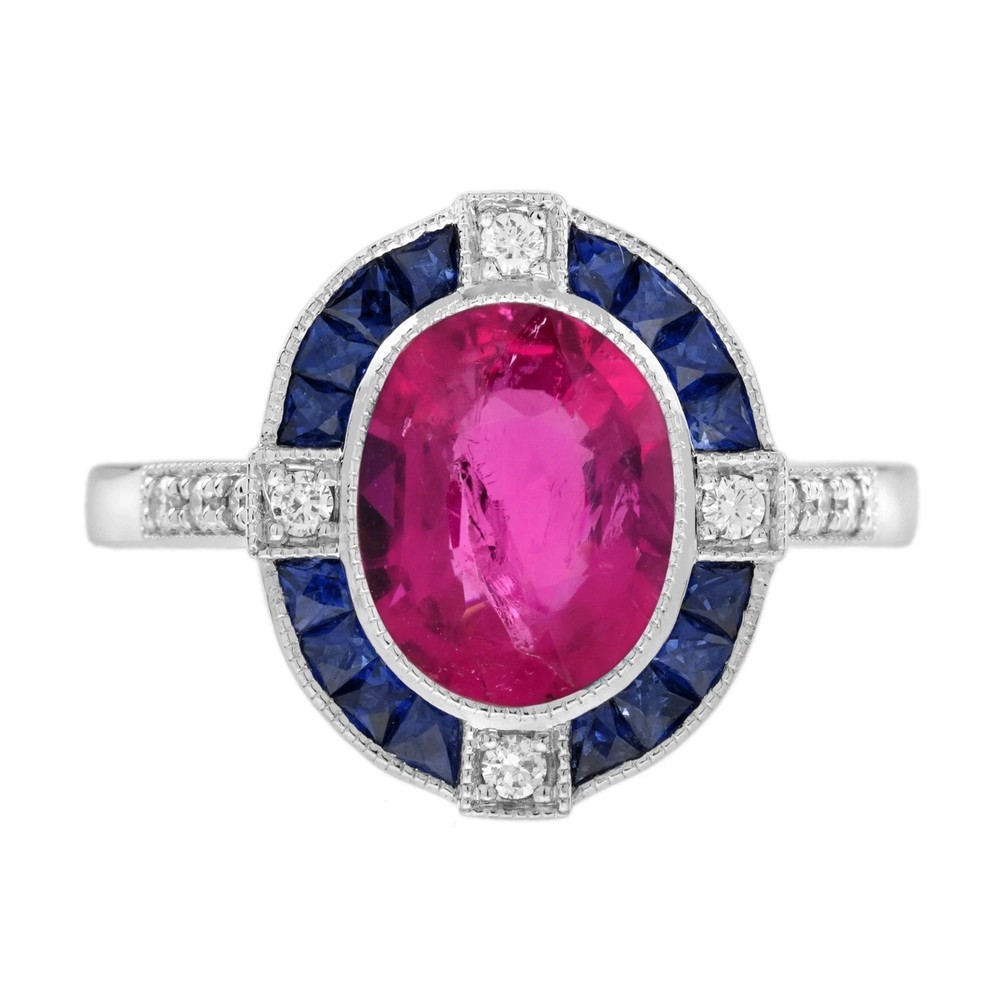 3Ct Art Deco Style Lab Created Ruby & Sapphire Engagement 14k White Gold FN Ring