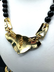 Vintage Egyptian Revival Bib Necklace Stud Earring Set Black Beaded Gold Tone