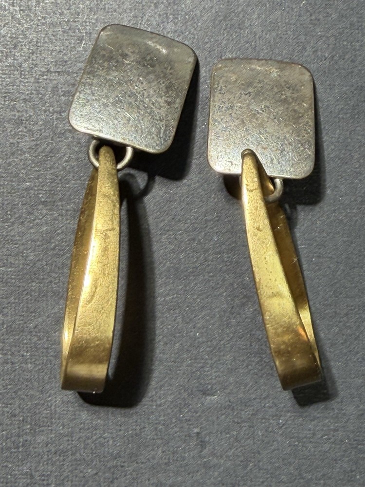 Vintage Modernist Mixed Metal Dangle Earrings Hoops Clip-on Marked “USA” Jewelry