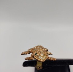 Rhinestone Green Eyed Frog Gold Tone Brooch