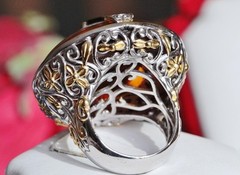 925 multi tone sterling silver ring 3.00ct plastic simulated amber sz 5.5 15.2g