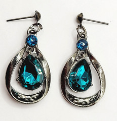 Blue Glass Water Droplet Drop Dangle Silver Tone Sparkly Fancy Pierced Earrings