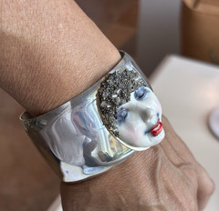 OOAK Clay Art Face Bracelet Cuff Silver-tone Metal VTG 1990s Iridescent Beads