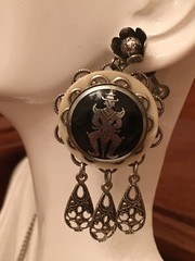 VTG Antique Damascene Parure: Screw Back Earrings & Pendant Filigree Metal Alloy