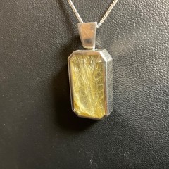 Vtg Golden Straw Rutilated Quartz Pendant Sterling Silver Necklace Box Chain 24”