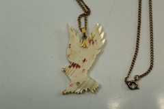 Vintage Hand Carved Shell Flying Eagle Pendant Necklace w/ Goldtone Alloy Chain