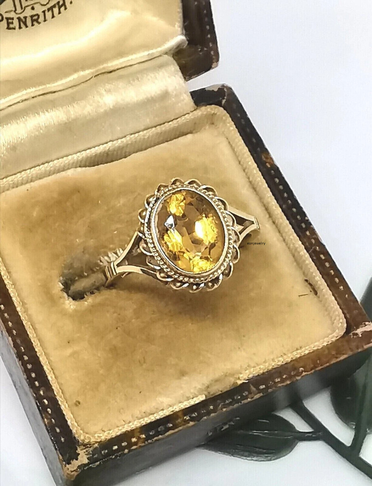 Antique Engagement Ring 2Ct Oval Lab Created Yellow Citrine 14K Yellow Gold Over