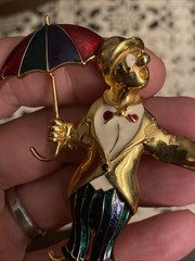 Vintage Green Blue Red White Enamel Gold Tone CLOWN With UMBRELLA Brooch Pin