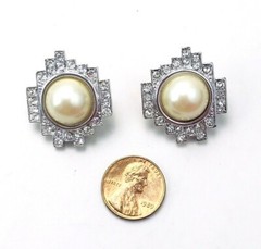 Vintage Silver Tone Monet Pearl Channel Set Rhinestone Clip On Earrings