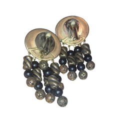 Vintage Gold Tone Black Acrylic Bead Clip On Earrings Large Statement Chandelier