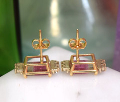 Vintage 14K Gold 5.50 ct Watermelon Tourmaline Diamond Earrings