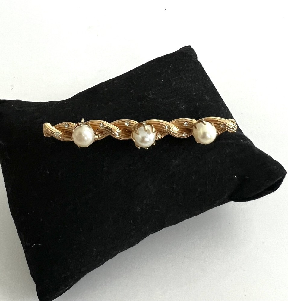 Brooch Twisted Gold Tone Faux Pearl And Rhinestone D2