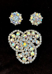 VTG Silver ICE BLUE AB Rhinestone INTERLOCKING CIRCLES Pin Brooch Earrings Set