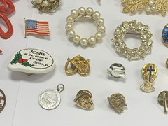 Vintage Estate 36pc Jewelry Lot Brooches Pins Celluloid Metal Stones Religious