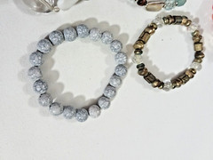Plastic, Gemstone + crystal bead bracelets. Lot of 10 beaded mixed materials