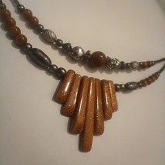 Vtg Southwest Silver Beads W Goldstone Fringe Design Necklace And Bracelet Set