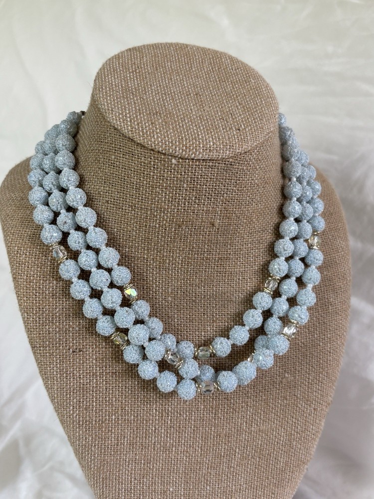 Vintage Marked Japan Necklace Acrylic Sugar Beads Frosted Blue Aurora 3 Strand