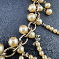Vintage Faux Pearl Fringe Chain Necklace Gold Tone Beaded Dangle Charm Old Clasp
