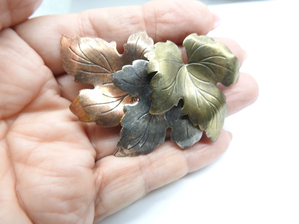 Copper Brass Silver Plated Metal Triple Leaf Brooch Vintage