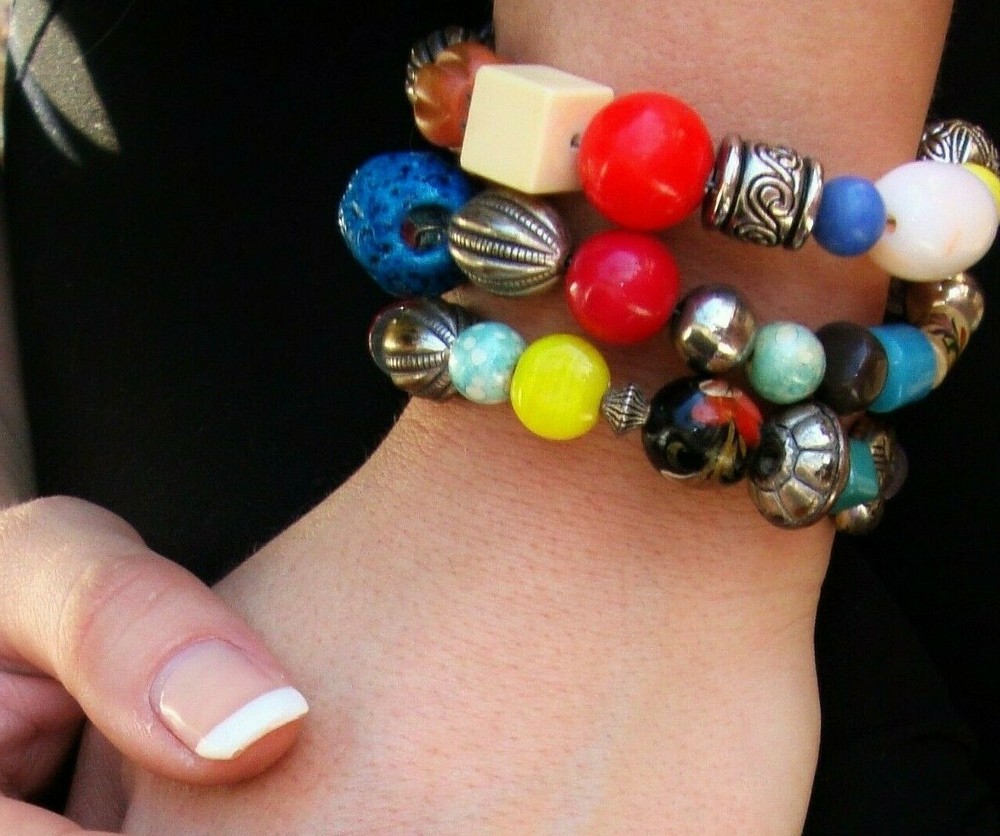 BRACELET BOHO BEADED MEMORY WIRE CUFF GLASS METAL ACRYLIC MULTI-COLOR ADJUSTABLE