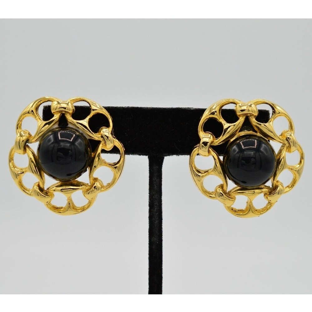 Vintage Cabochon Earrings Chain Link Round Gold Black Beaded Chunky NOS 1980s 9H