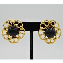 Vintage Cabochon Earrings Chain Link Round Gold Black Beaded Chunky NOS 1980s 9H