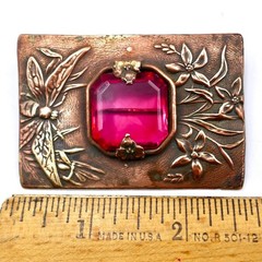 Art Nouveau Red Rhinestone Dragonflies Sash Pin Brooch 2.5″ Embossed Antique