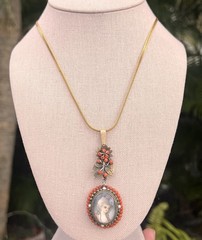 Antique Yellow Gold + Silver Coral Seed Pearls Hand Painted Portrait Pendant