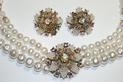 Rare Vintage Signed Selro Selini Triple Strand Pearl AB Necklace & Earrings-READ