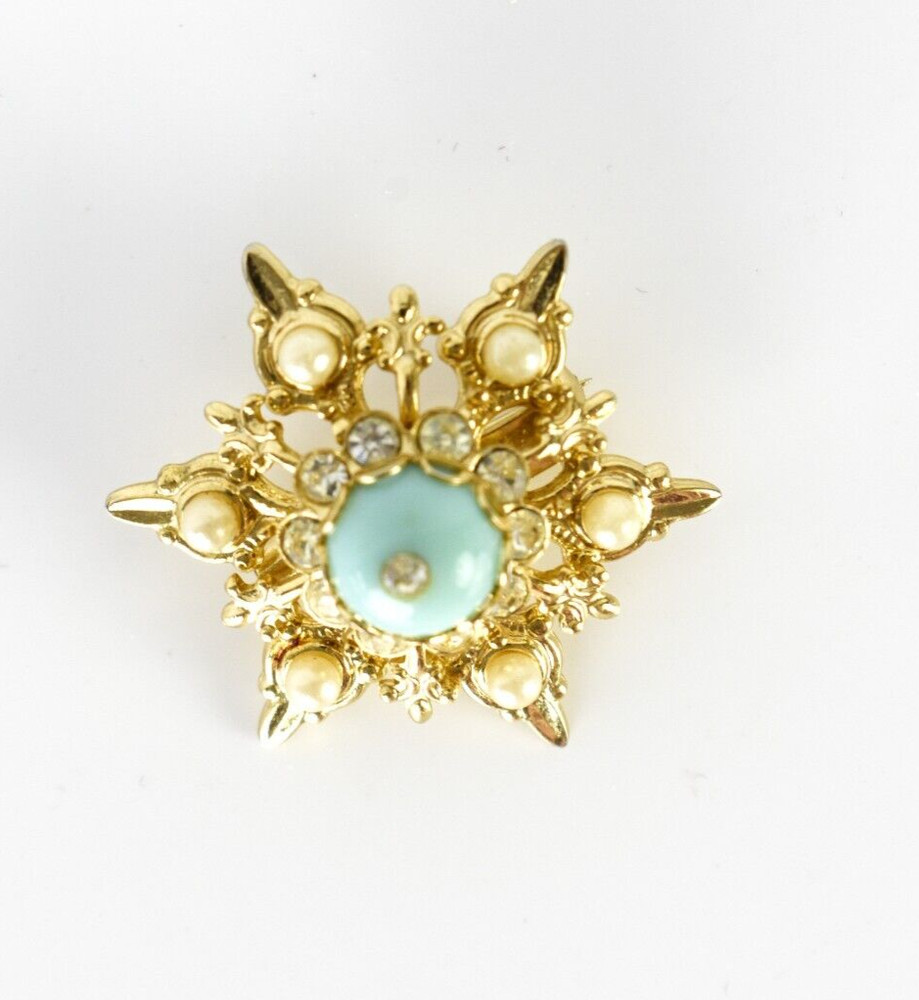 Vintage Snowflake Brooch Aqua Blue Gold Tone Beaded Rhinestone Lapel Pin
