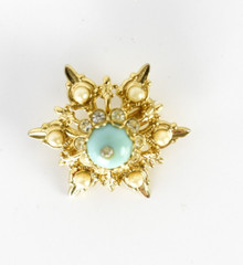 Vintage Snowflake Brooch Aqua Blue Gold Tone Beaded Rhinestone Lapel Pin