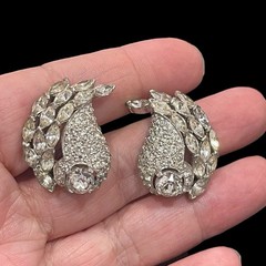 Vtg JOMAZ Earrings Joseph Mazer Clip On Marquis Shaped Rhinestones & Pave Swirls