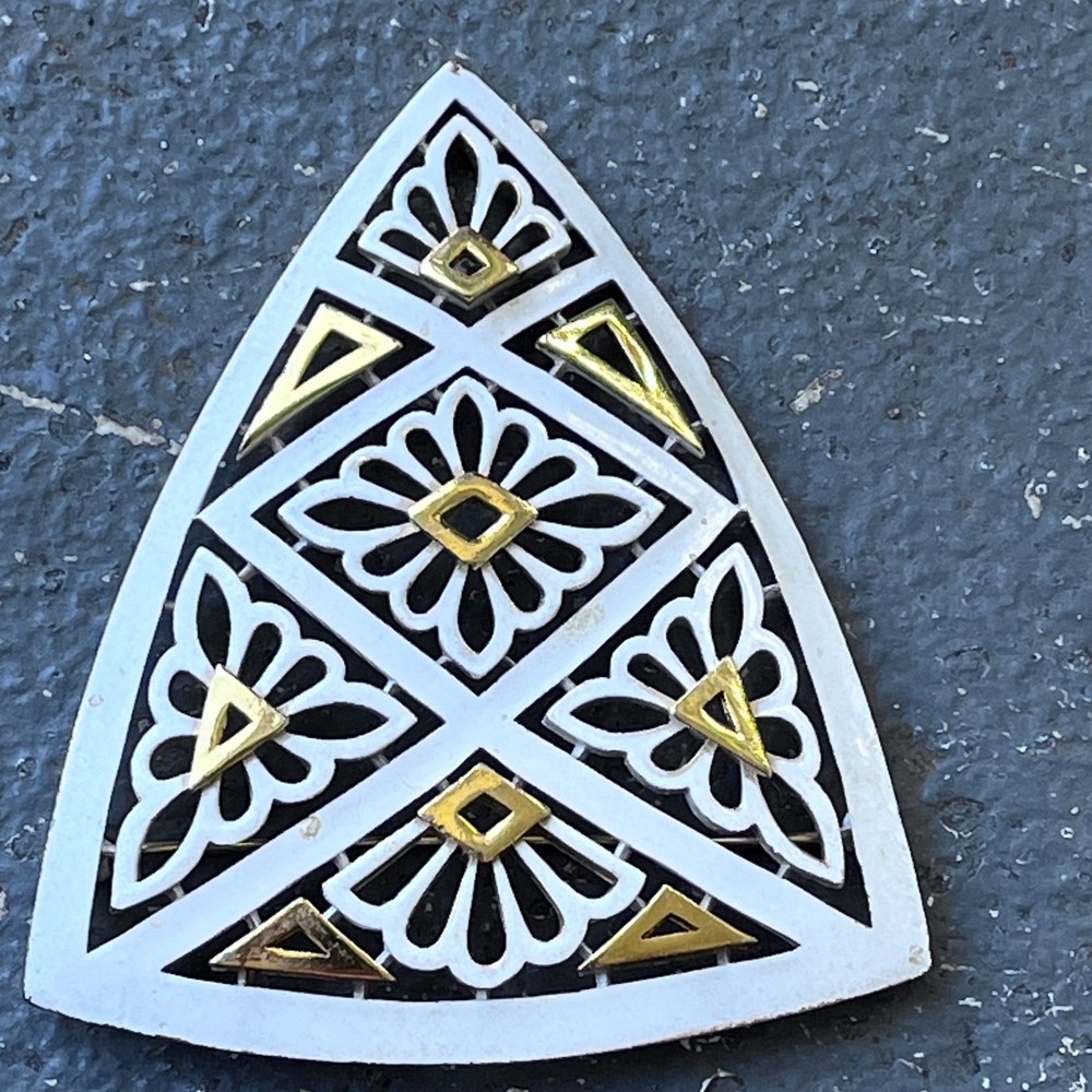 Vintage Huge Signed Crown Trifari Gold White Enamel Geometric Shield Pin Brooch