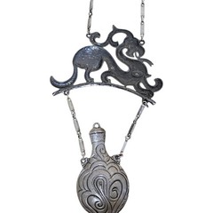 Estate Vtg Sign GOLDETTE Large Pewter Dragon Faux Perfume Bottle Chain Necklace