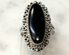 Vtg MEXICO Sterling Silver Black Onyx Large Oval Cabochon Split Band Ring Sz 6